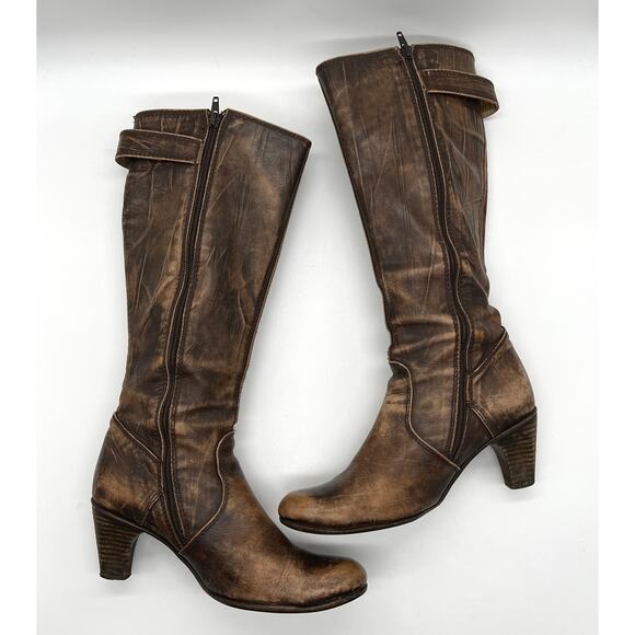 U ROADS Heeled Boots Womens 8 Brown Distressed Leather Knee High Round Toe - Picture 7 of 16